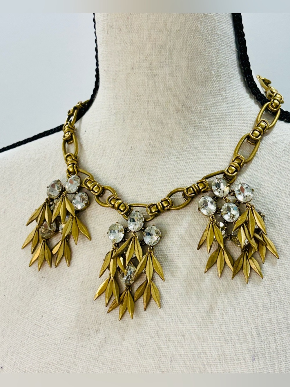 J. Crew Archival Rhinestone Leaf Fringe Statement Necklace - Gold/Brass Perfect